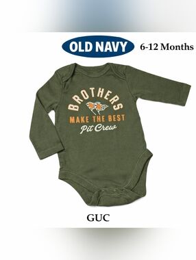 GUC, Old Navy Green Print Romper Long Sleeve Brothers Pit Crew 6-12 Months